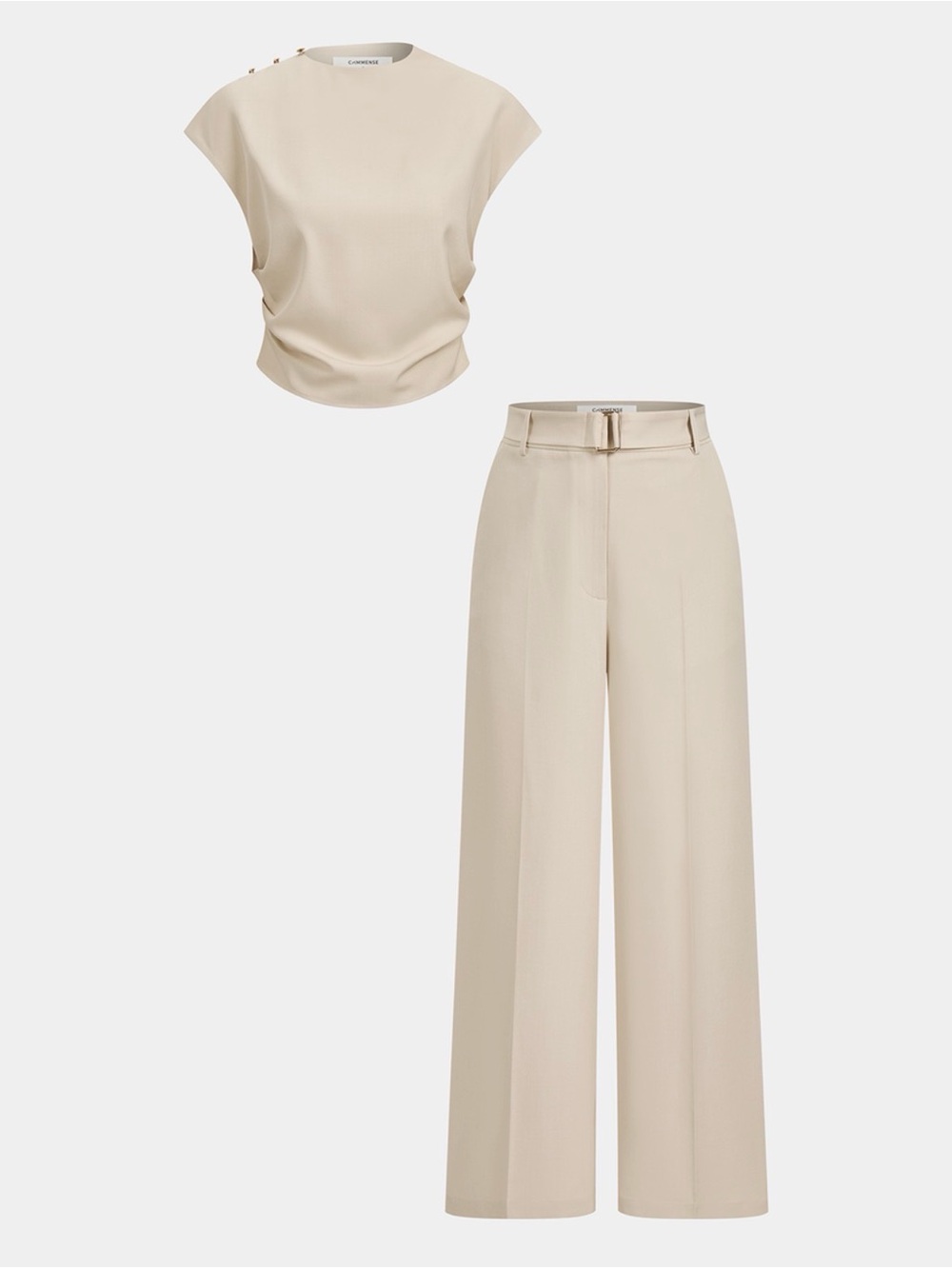 Commense Sleeveless Ruched Top & Wide Leg Pants Set